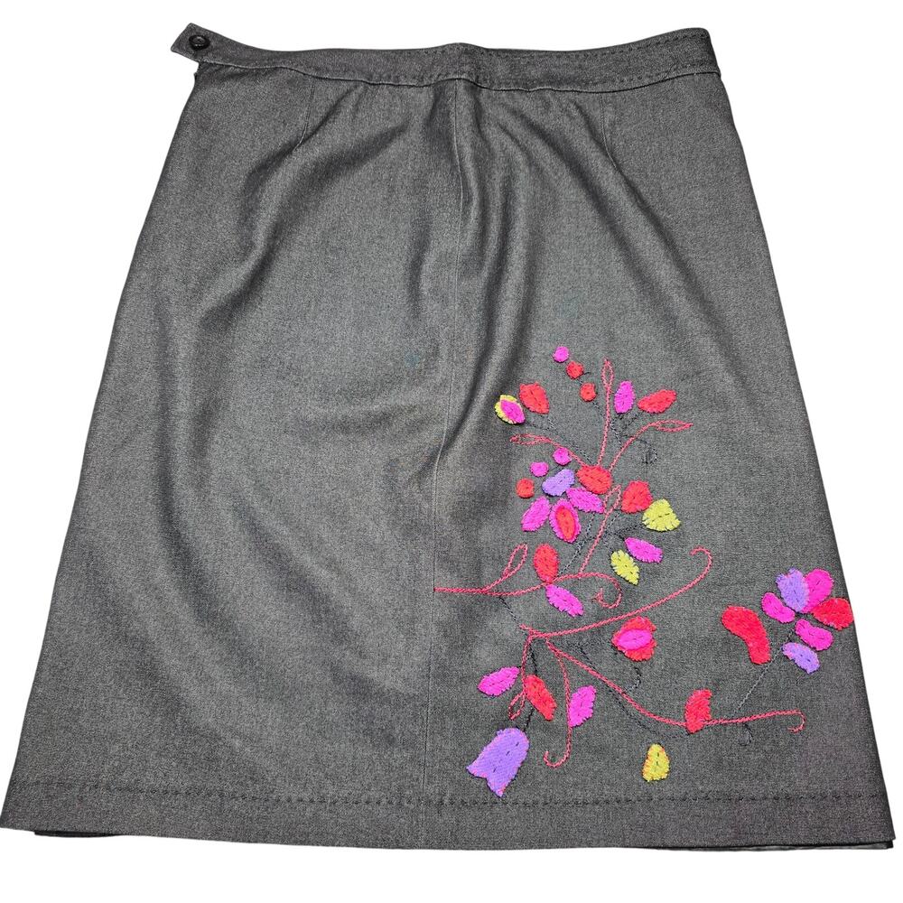 Kemp Black Mini Skirt Stretch Pencil Pink Embroidered Floral Slits Womens Size 6